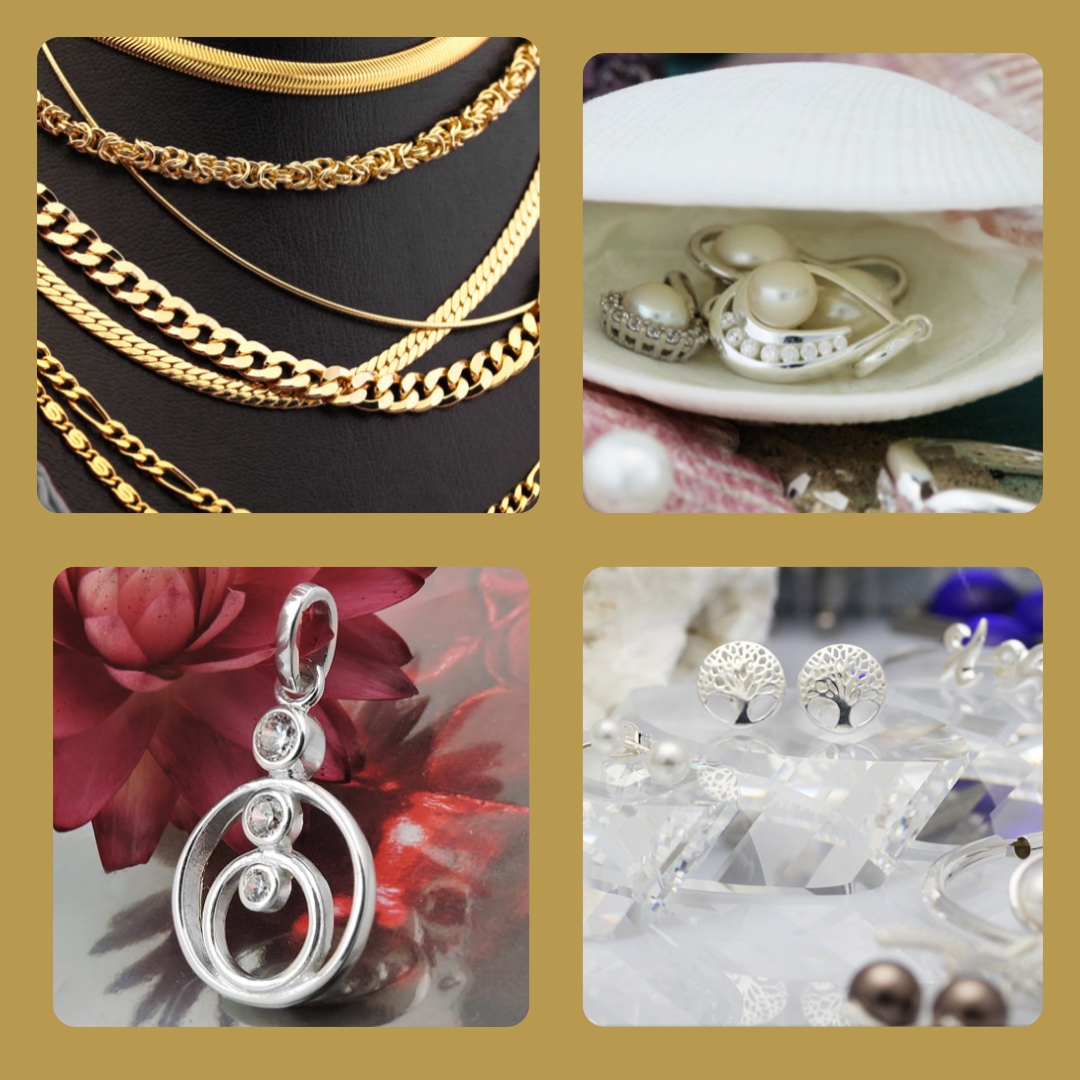 Verschiedene Gold- und Silberschmuckstücke wie Ketten, Perlen, Anhänger und Ohrstecker als Beispiel für stilvollen Schmuck im Alltag und persönlichen Ausdruck.