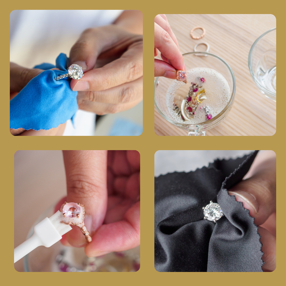 Hände reinigen eine Perlenkette vorsichtig mit einem weichen Tuch als Beispiel für die richtige Pflege von Silber-, Gold- und Modeschmuck.