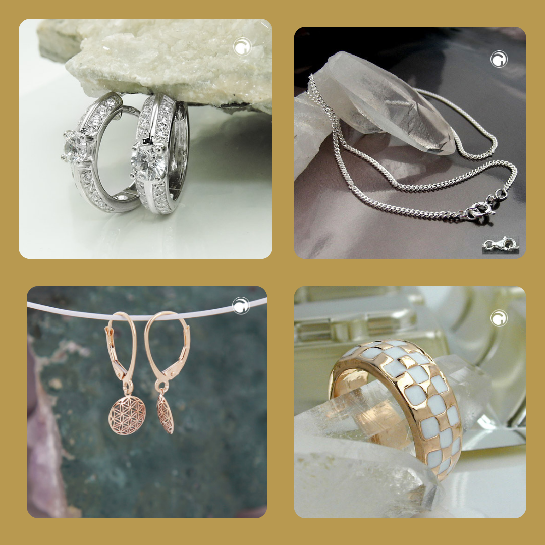 Elegante Gold- und Silberschmuckstücke als Beispiel für zeitlosen Schmuck mit klarer Form und hochwertiger Verarbeitung.