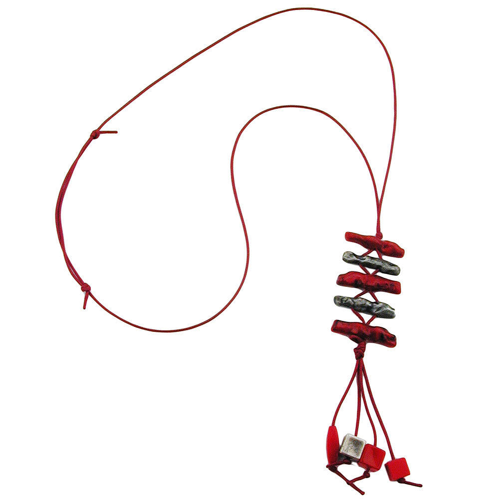 Kette Kunststoff Koralle rot-marmoriert altsilber Kordel dunkelrot 70cm