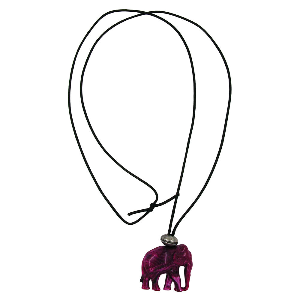 Kette 35x32x18mm Elefant Kunststoff fuchsia-weiß marmoriert Kordel schwarz 100cm