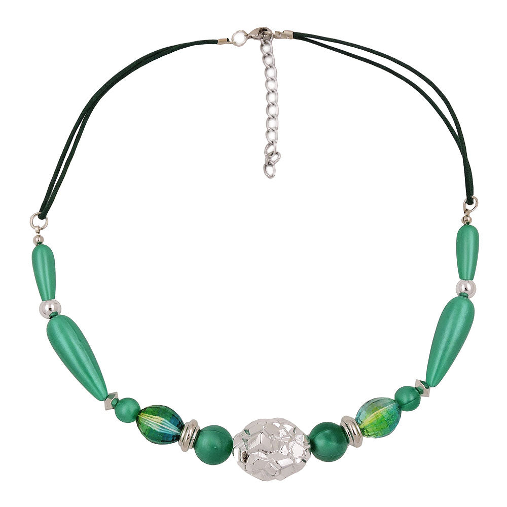 Kette Kunststoffperlen Strukturperle chrom seidig-grün Kordel 45cm