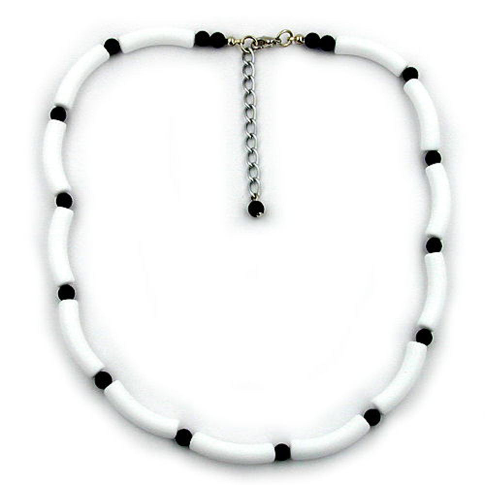 Kette 25x6mm Rohr Kunststoff weiß-matt und 6mm Perle schwarz 42cm