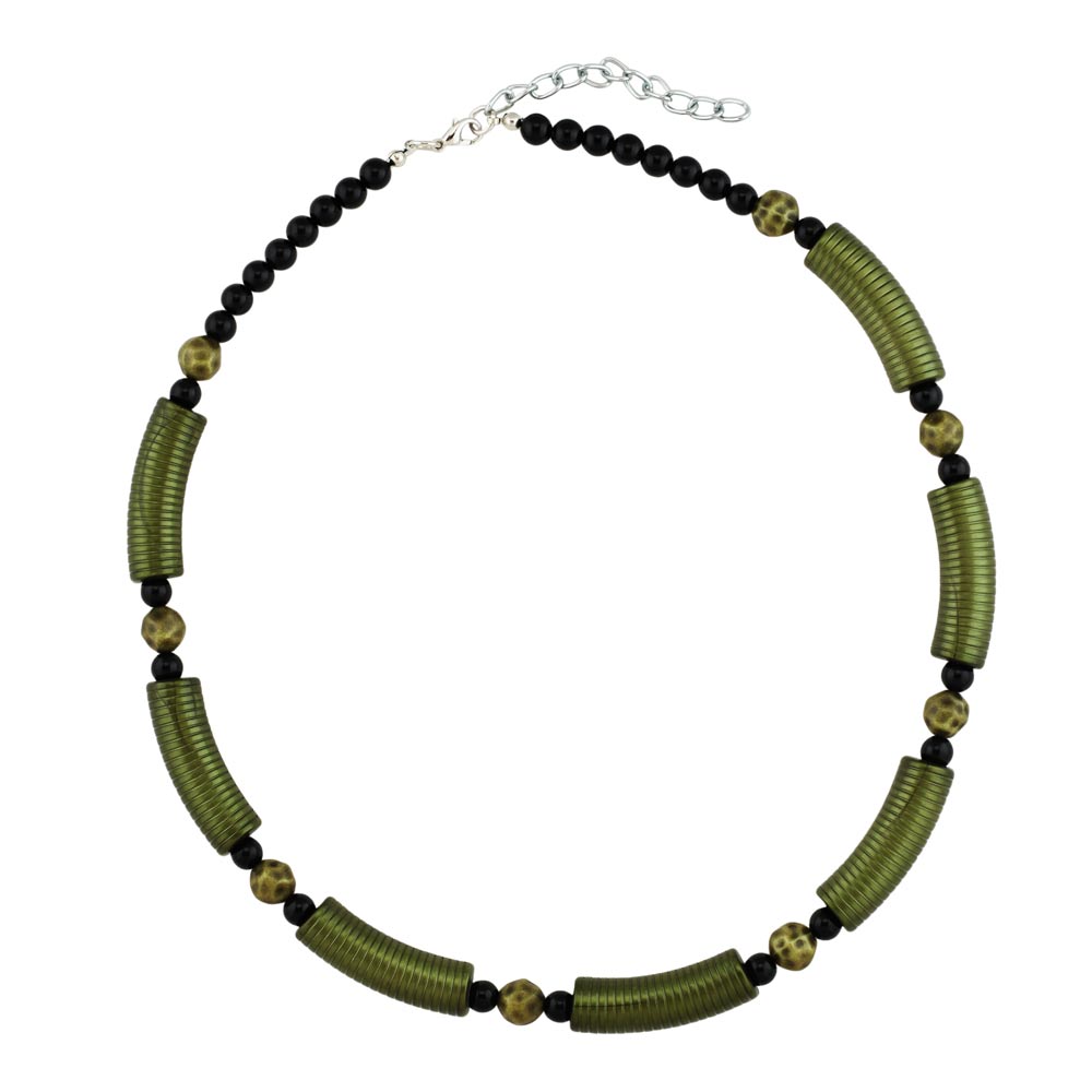 Kette 34x10mm Rillenwalze olivgrün Perle schwarz Kunststoff 45cm