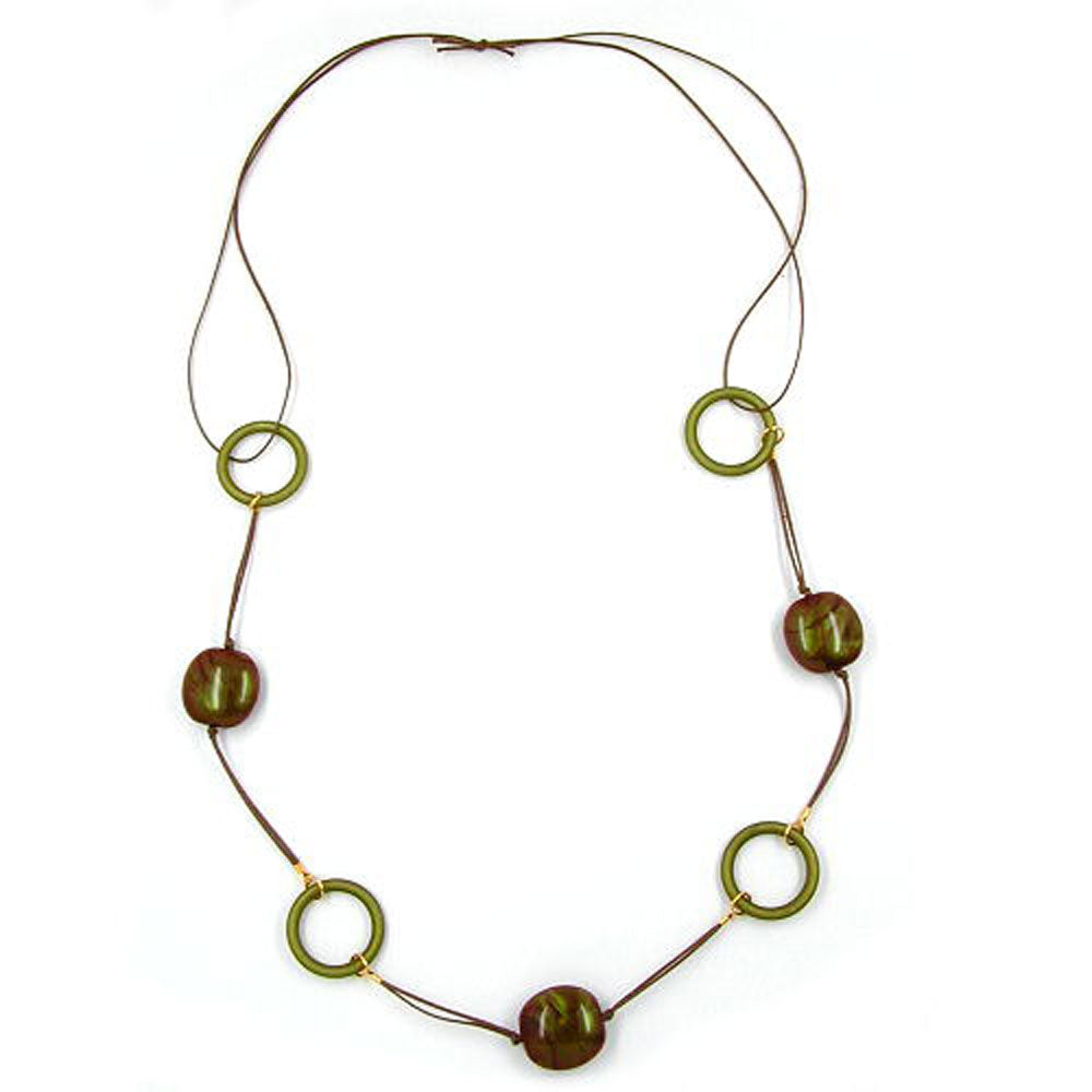 Kette 25x25x12mm Nugget Kunststoff oliv-braun-AB Kordel braun 100cm
