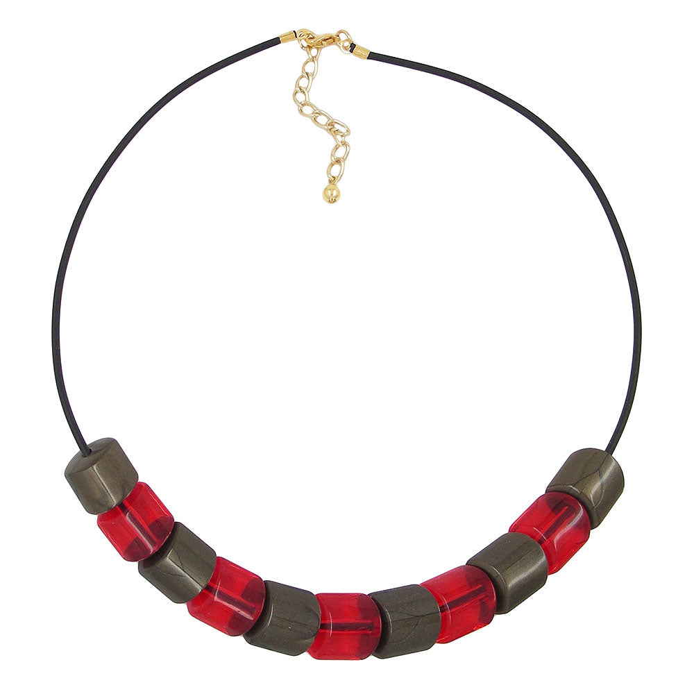 Kette Schrägperle Kunststoff rot-transparent und schlammfarben Vollgummi schwarz 45cm