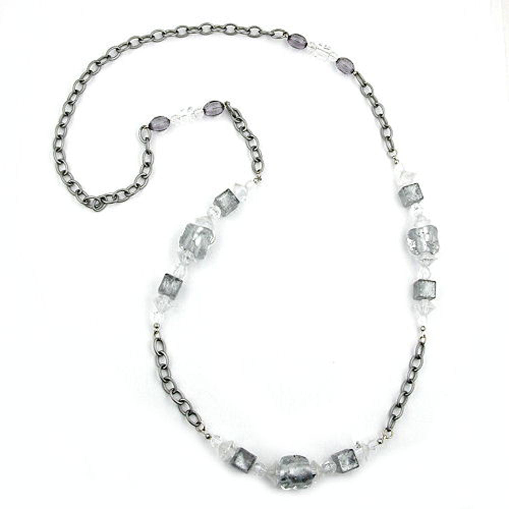 Kette Steinperle Kunststoff grau-silberfarben mit Ankerkette Aluminium 95cm