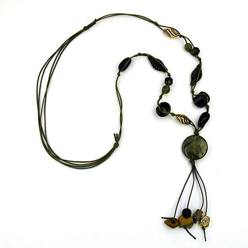 Kette 28mm Kunststoff Scheibe oliv seidig-glänzend Kordel oliv 90cm