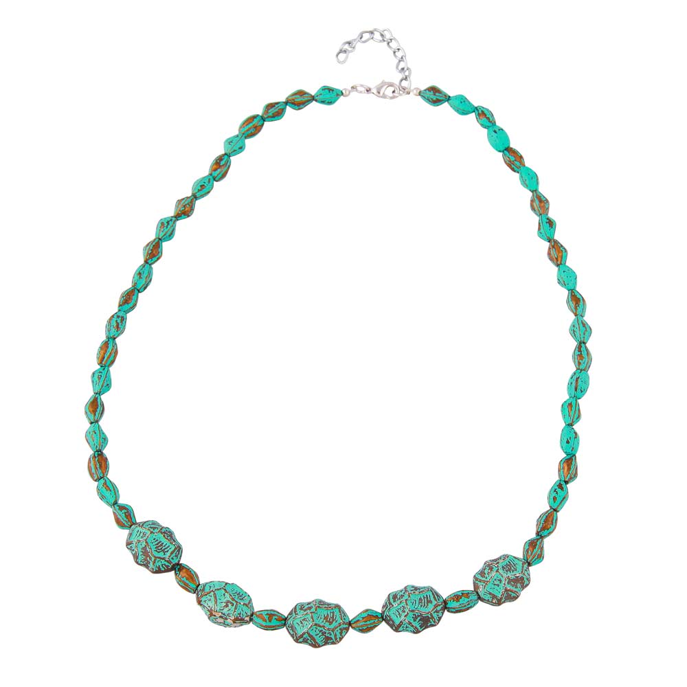 Kette Krokoperle und Olive türkisgrün mit patina Kunststoff 55cm