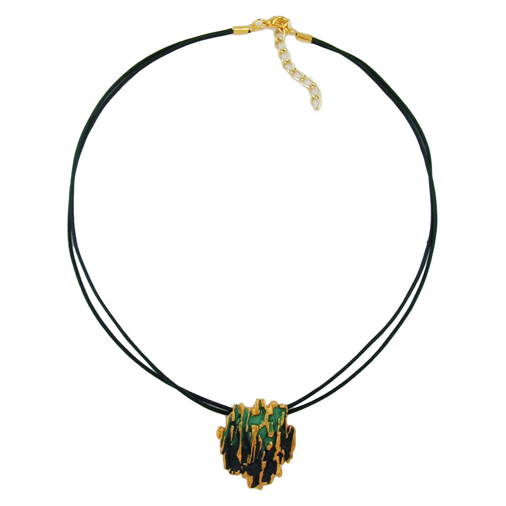 Kette 34x28mm Anhänger Borke grün-matt-goldfarben emailliert Metallguss Kordel dunkelgrün 42cm