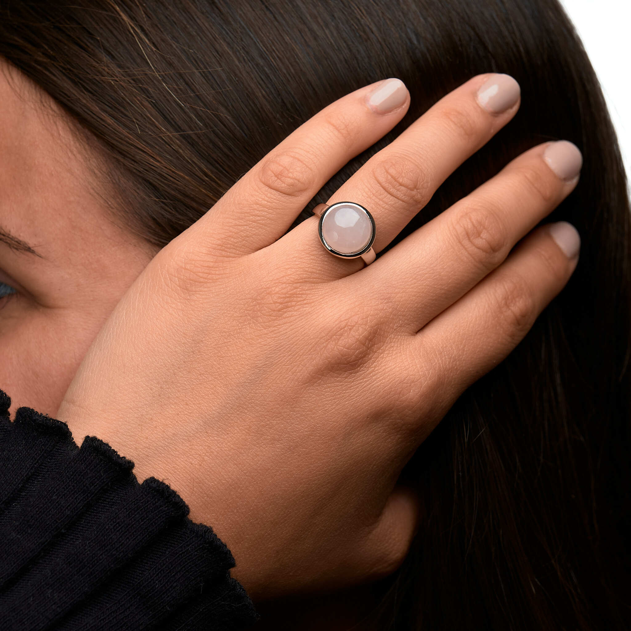 Ring Silber 925 rhodiniert mit echtem Rosenquarz 12mm