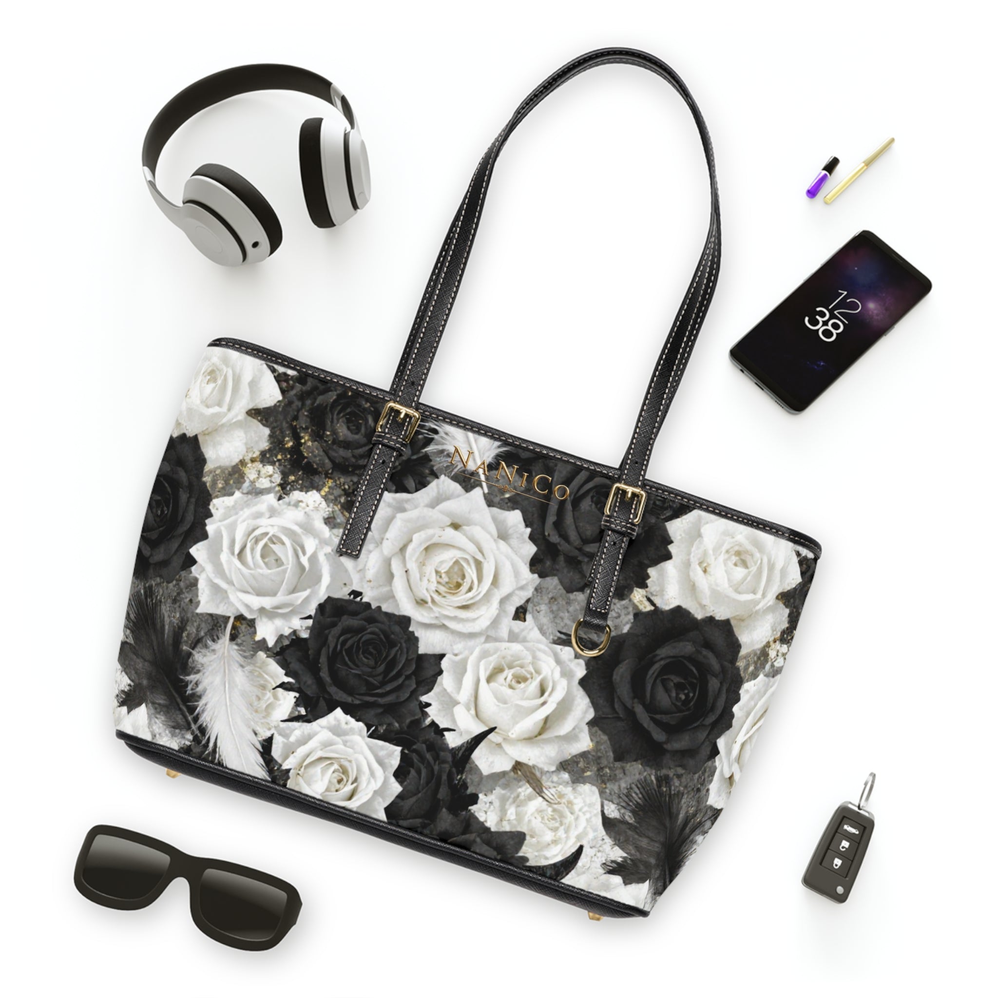 Schultertasche aus PU Leder - Rosenmuster