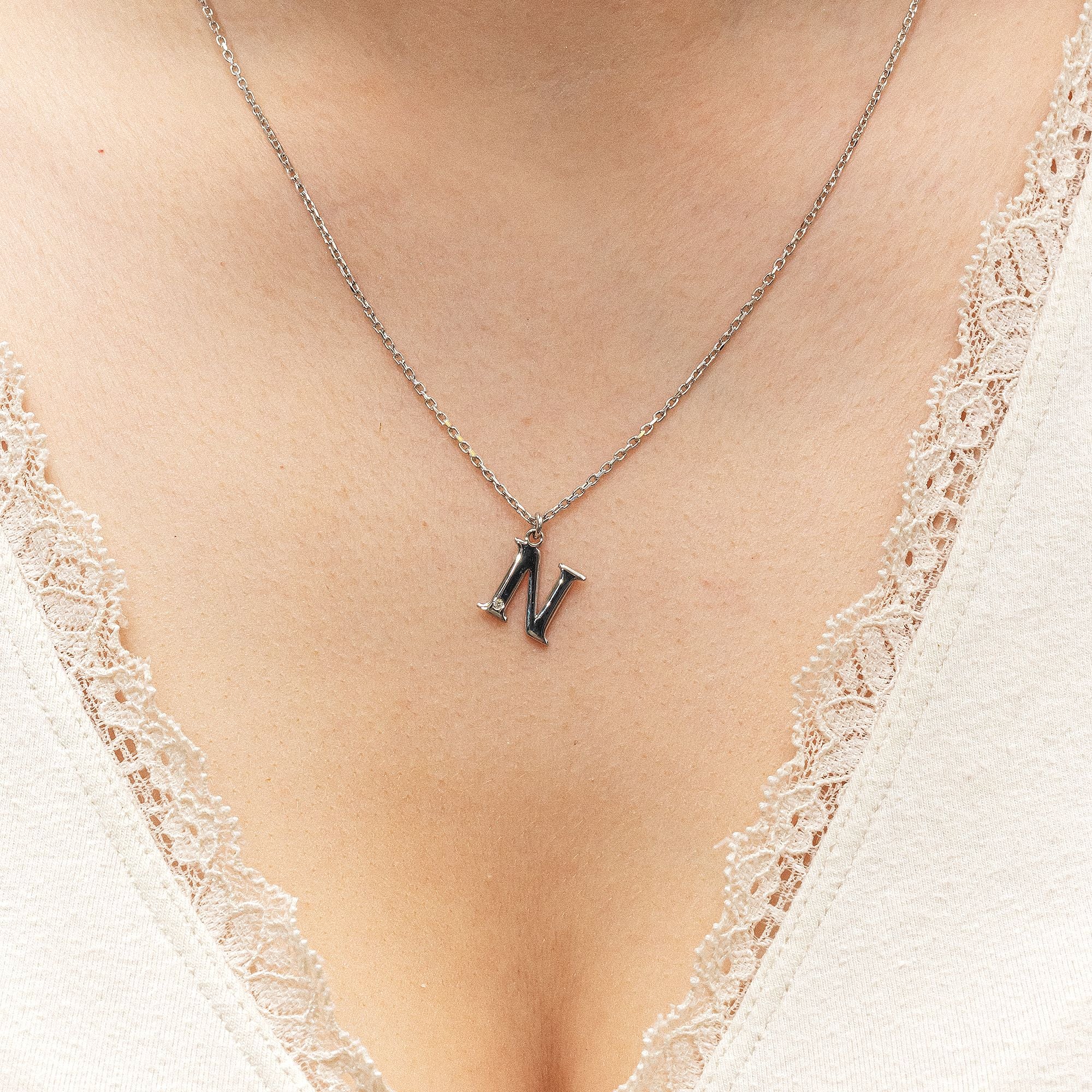 Halskette Silber 925 mit 1x Diamant 0,008ct. Buchstabe N