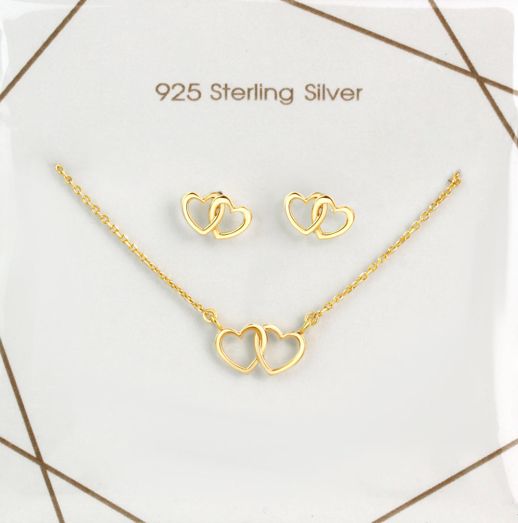 Set Anhänger/Kette und Ohrstecker 925/- Sterling Silber vergoldet Doppelherz