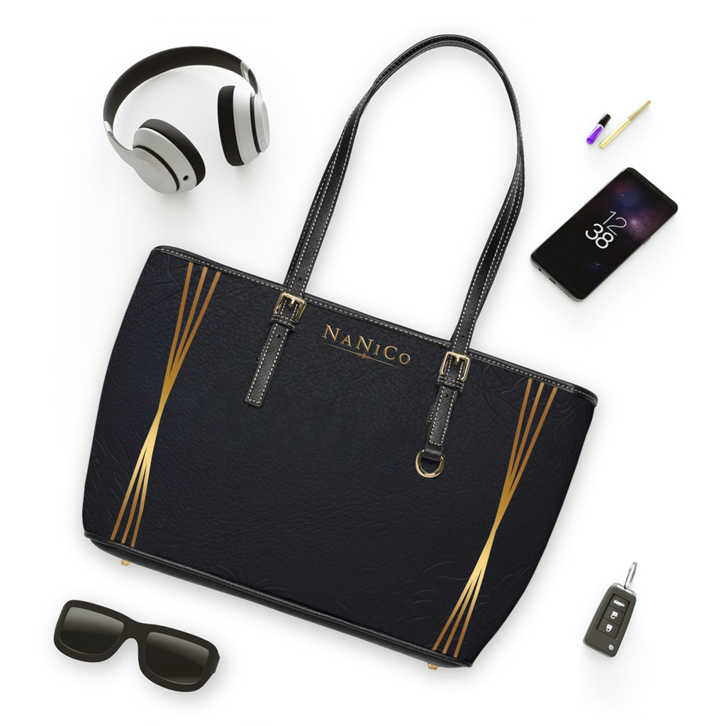 Schwarze Umhängetasche aus PU-Leder – Elegante Handtasche mit goldenen Akzenten („NaNiCo“)