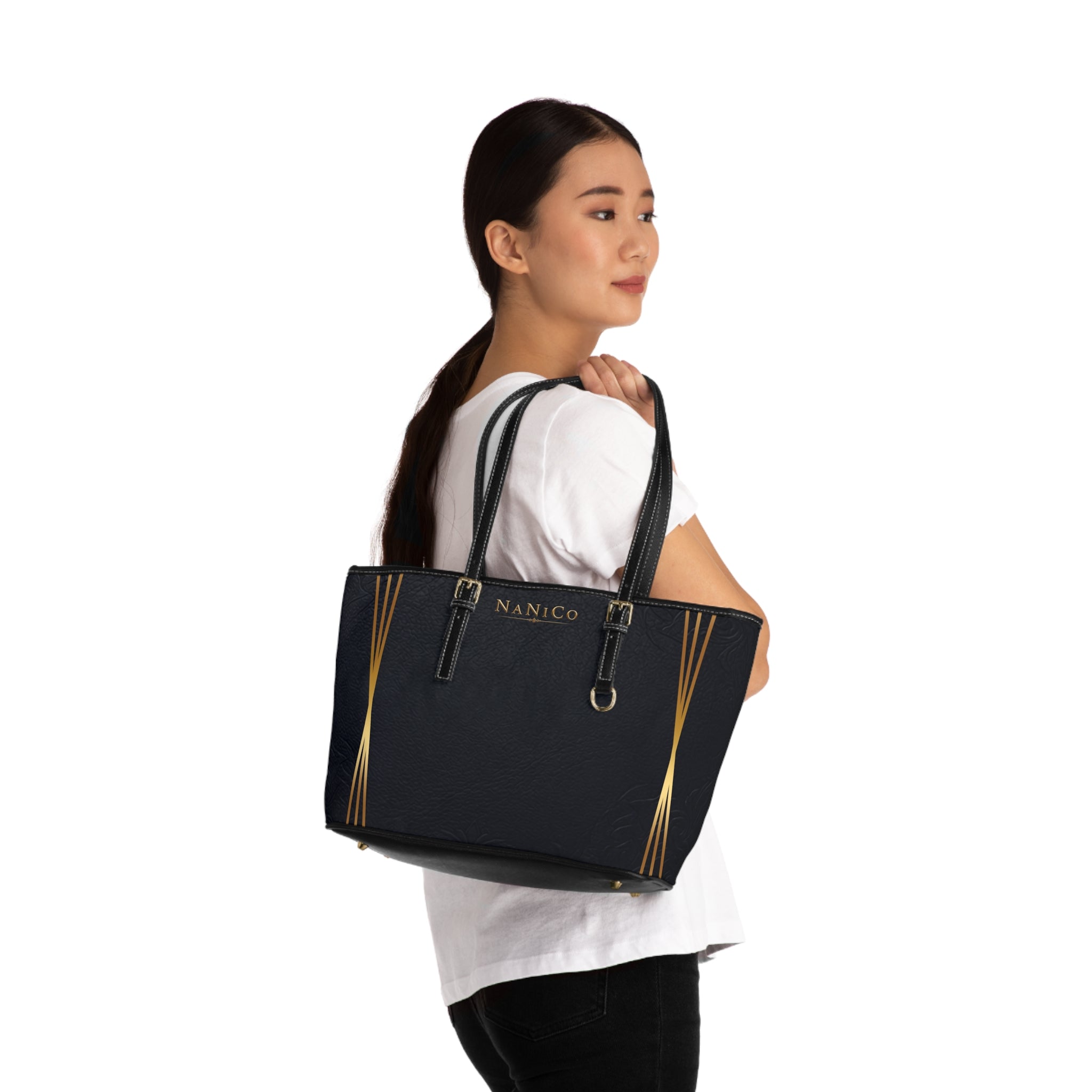 Schwarze Umhängetasche aus PU-Leder – Elegante Handtasche mit goldenen Akzenten („NaNiCo“)