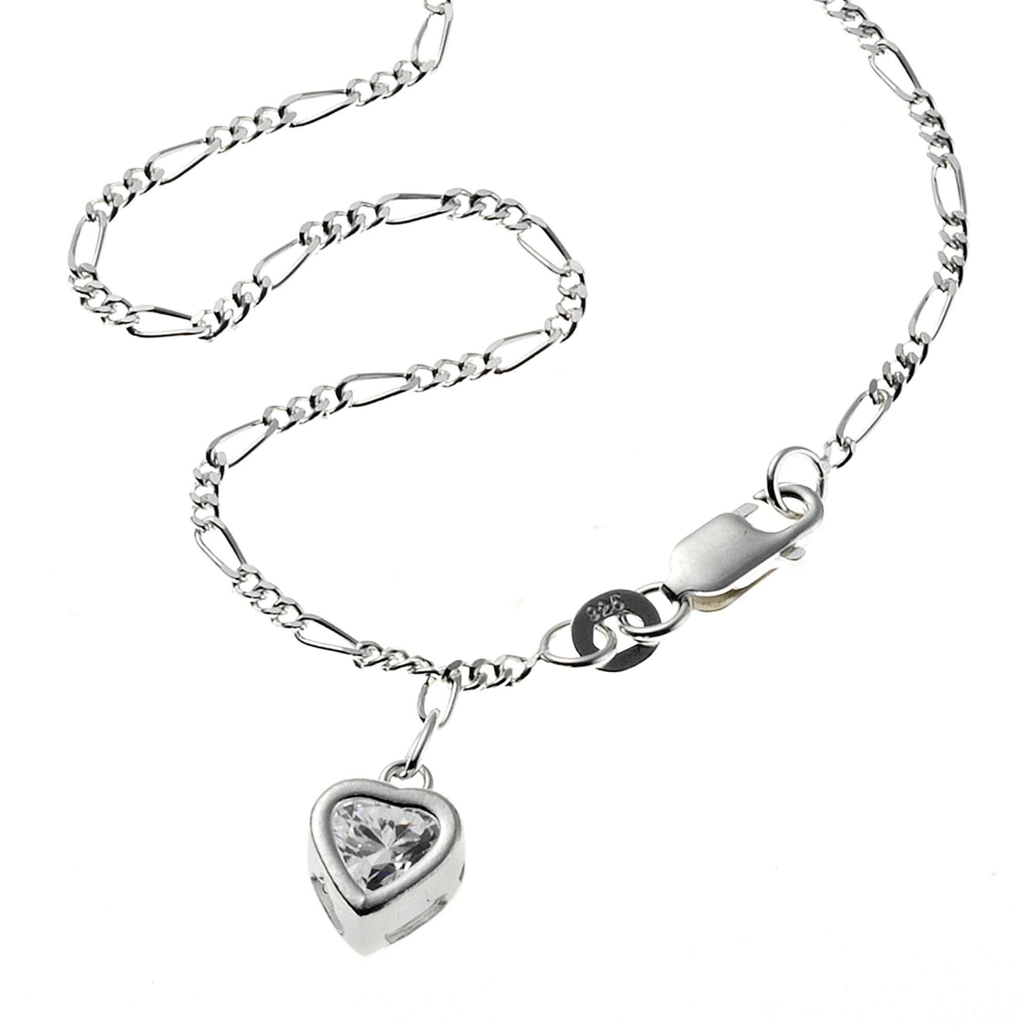 Fußkette 925 Silber mit Herz-Anhänger und Zirkonia weiß 25cm lang
