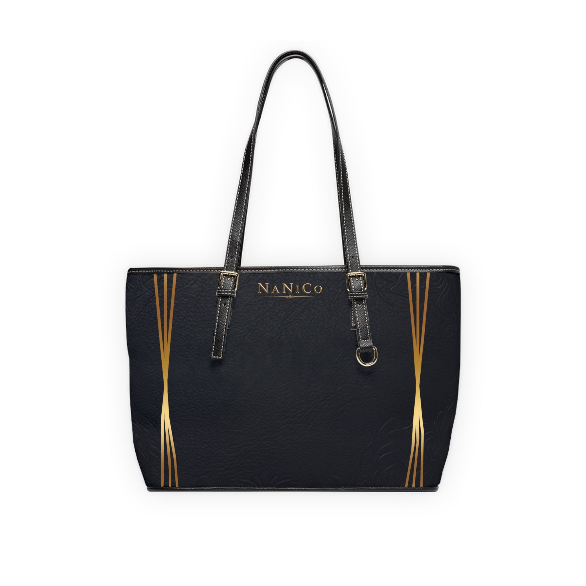 Schwarze Umhängetasche aus PU-Leder – Elegante Handtasche mit goldenen Akzenten („NaNiCo“)
