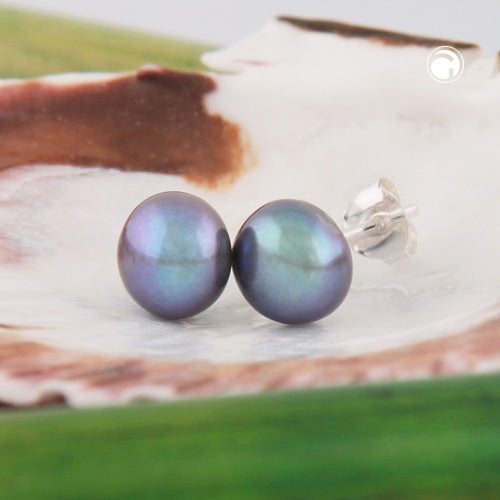 Stud Earrings approx. 8x6mm Freshwater Cultured Pearl Dark Green Flat 925 Silver