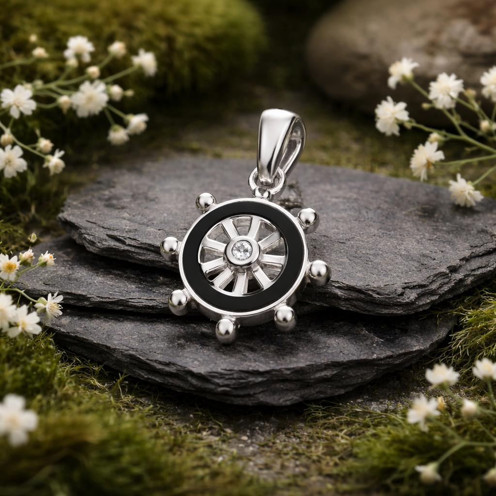 Anhänger 925/- Sterling Silber rhodiniert Steuerrad Lack schwarz