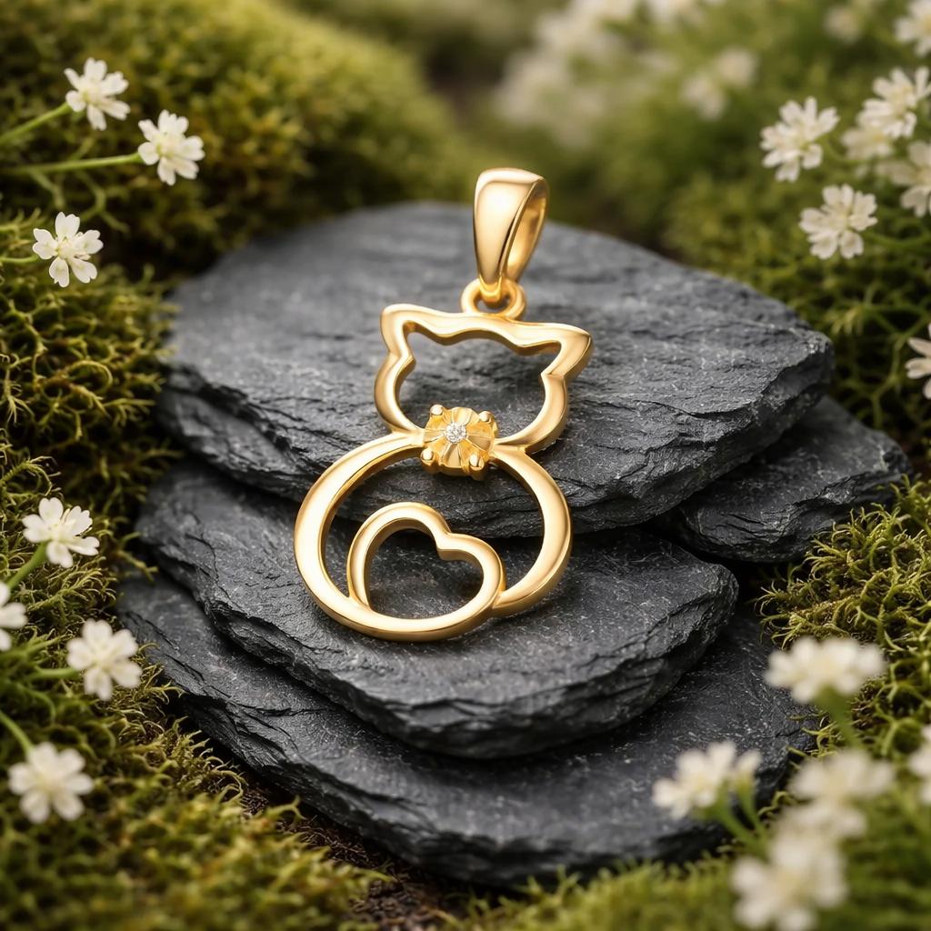 Pendant 925/- Sterling Silver Gold Plated Cat Cubic Zirconia