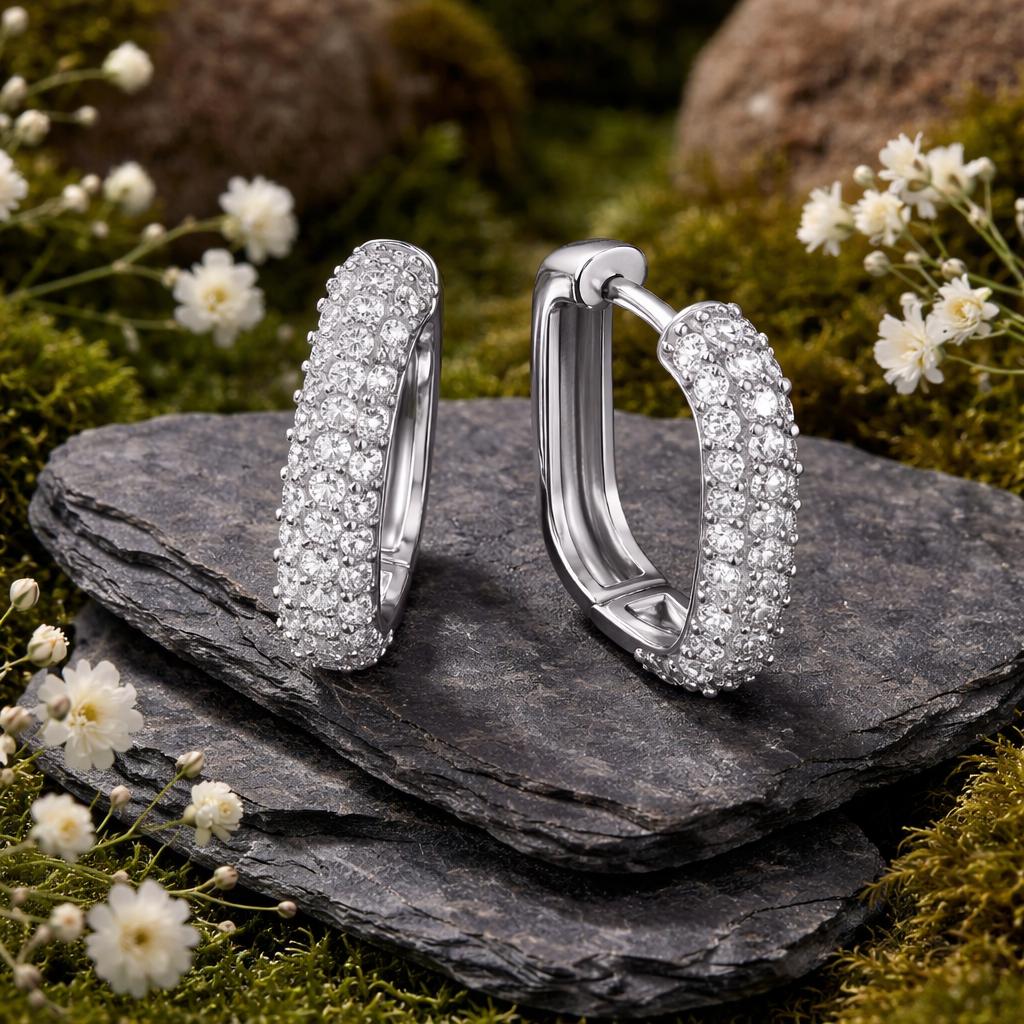 Hoop Earrings 925/- Sterling Silver Rhodium Plated Cubic Zirconia