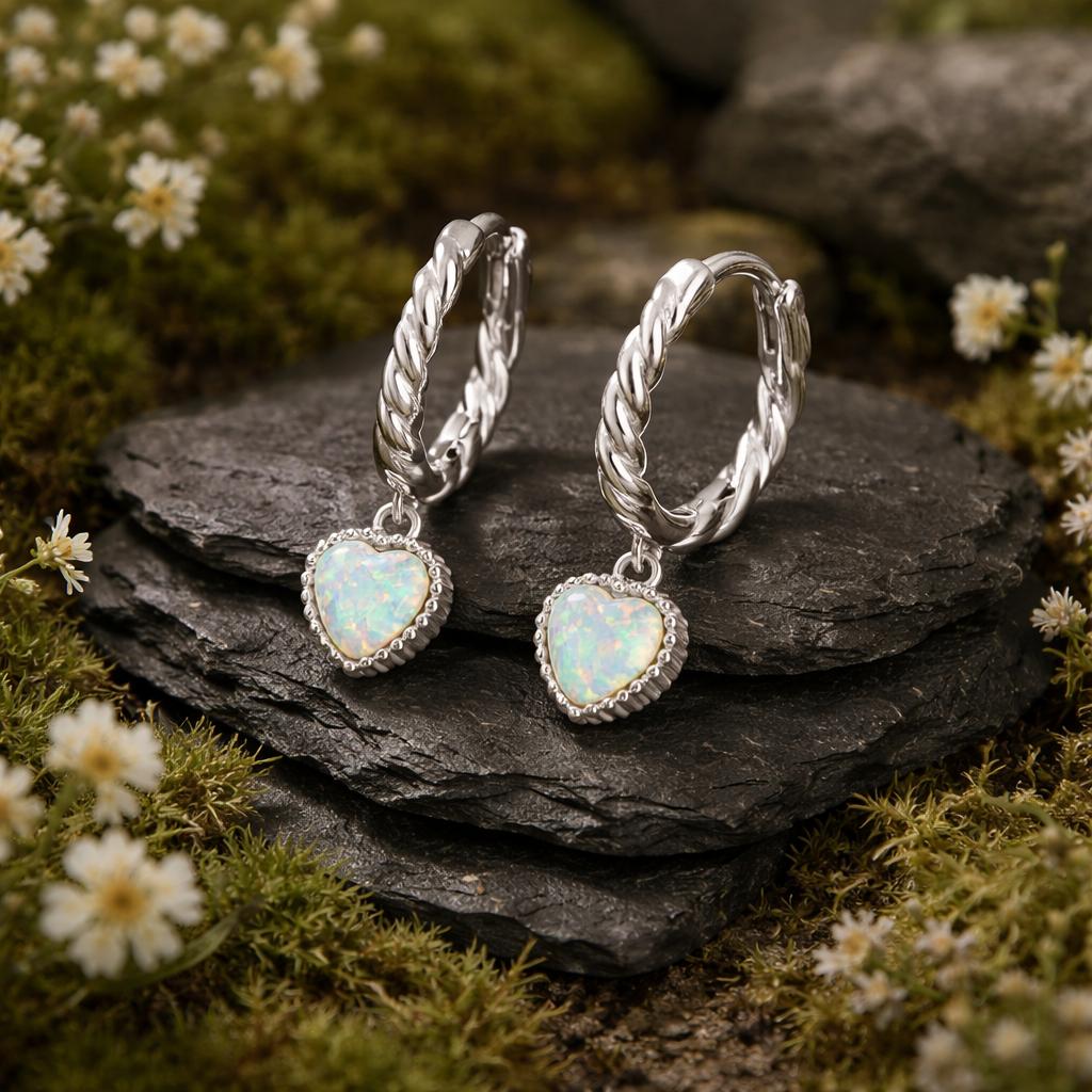 Creoles 925/- Sterling silver rhodium-plated synthetic opal