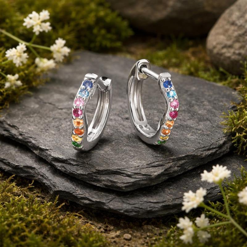 Hoop Earrings 925 Sterling Silver Rhodium-Plated Colorful Zirconia