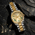 Guess Connoisseur GW0265G14 Herrenuhr mit goldfarbenem Zifferblatt, grünen römischen Ziffern und zweifarbigem Edelstahlarmband in Gold und Silber