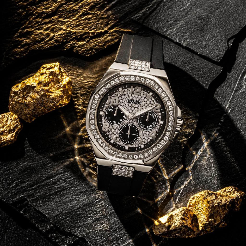 Guess Empire GW1002G1 Herrenuhr mit schwarzem Silikonarmband, silberfarbenem Gehäuse, Kristallbesatz und Multifunktionszifferblatt