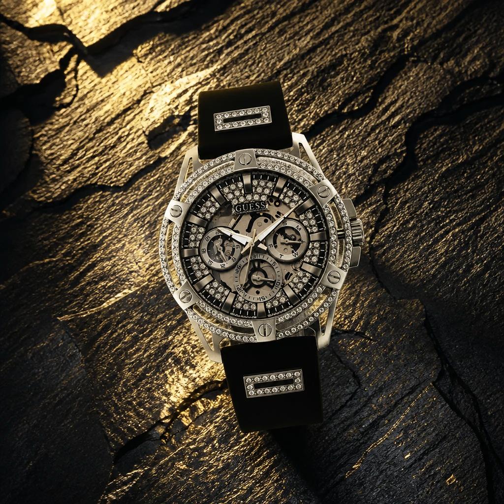 Guess King GW0537G1 Herrenuhr mit schwarzem Silikonarmband, silberfarbenem Gehäuse und kristallbesetztem Multifunktionszifferblatt