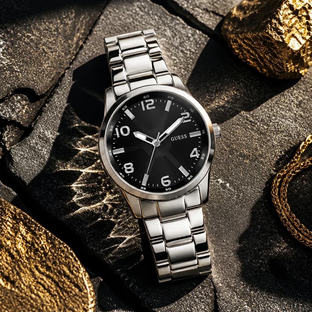 Guess Monte GW0804G2 Herrenuhr mit schwarzem Zifferblatt, silberfarbenem Edelstahlgehäuse und Edelstahlarmband