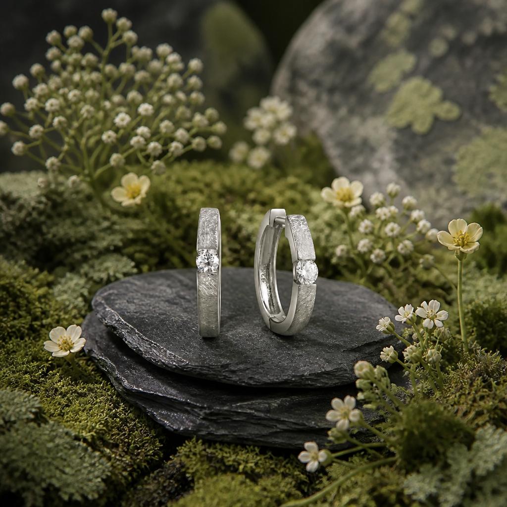 Klappcreolen aus rhodiniertem 925 Sterling Silber mit strukturierter Oberfläche und rundem weißem Zirkonia