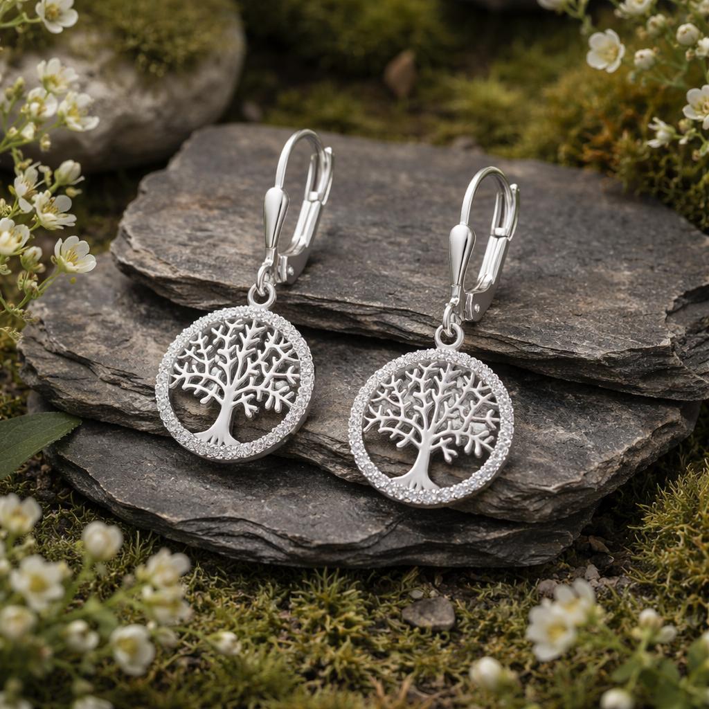 Ohrhänger 925/- Sterling Silber rhodiniert Lebensbaum Zirkonia