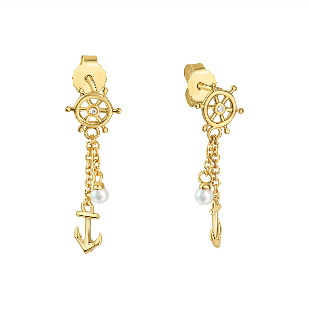 Dangle Earrings 925/- Sterling Silver Gold-Plated Anchor and Wheel with Zirconia