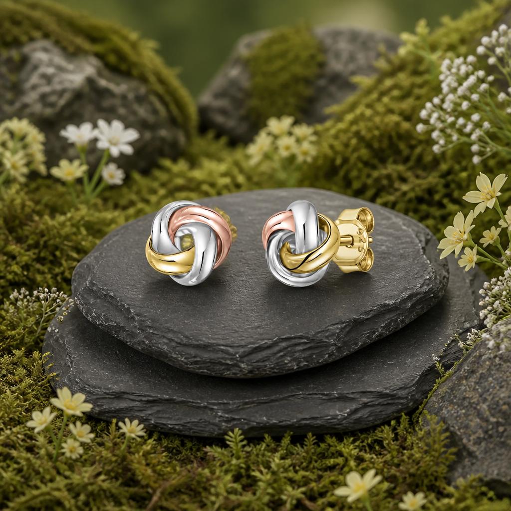 Ohrstecker-375-Gelbgold-tricolor-glatt-knoten-modern-schlicht