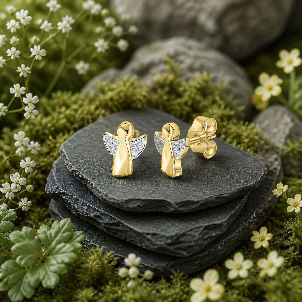 Stud earrings, 375/- yellow gold, two-tone, angel motif