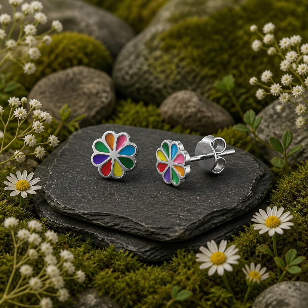 Ohrstecker-925-SterlingSilber-rhodiniert-Blumen-Regenbogenfarben