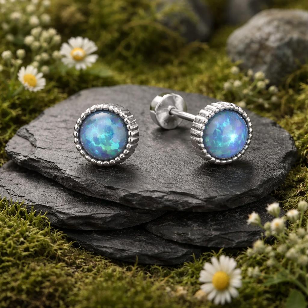 Stud earrings 925/- sterling silver rhodium-plated synthetic opal blue