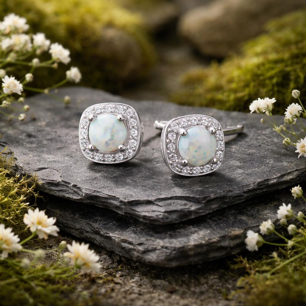 Stud earrings 925/- Sterling silver rhodium-plated synthetic opal and zirconia