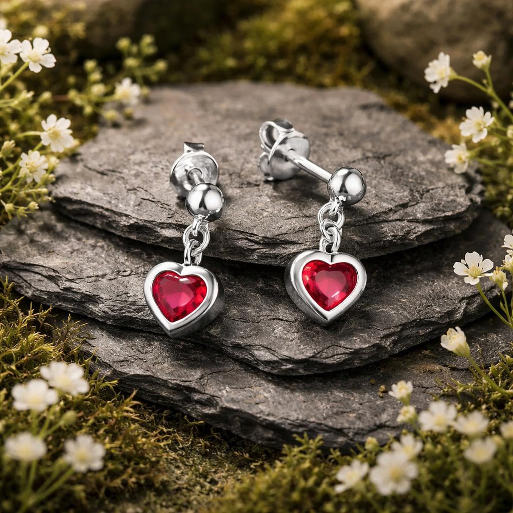 Stud earrings 925/- sterling silver rhodium-plated synthetic ruby
