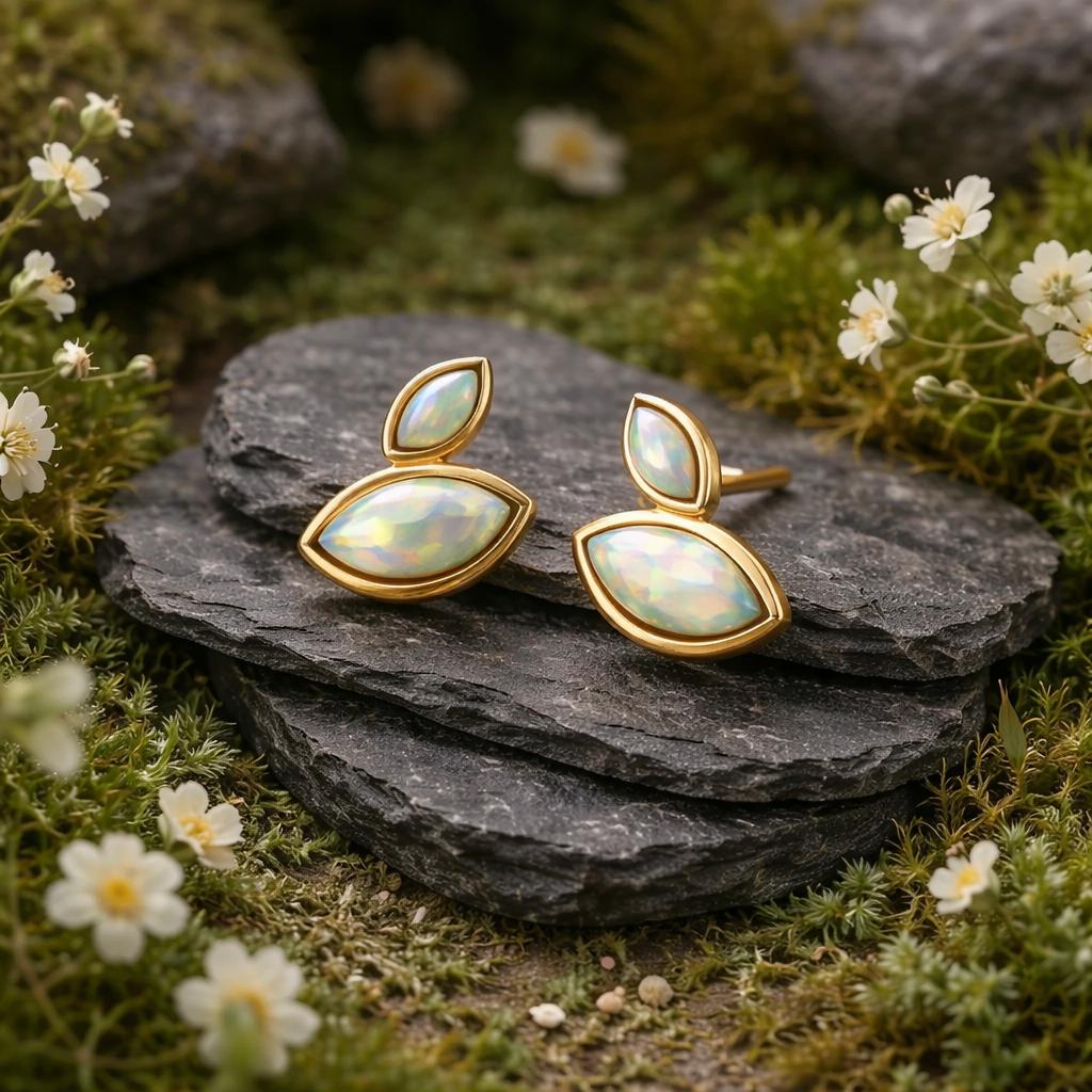Stud earrings 925/- sterling silver gold plated synthetic opal