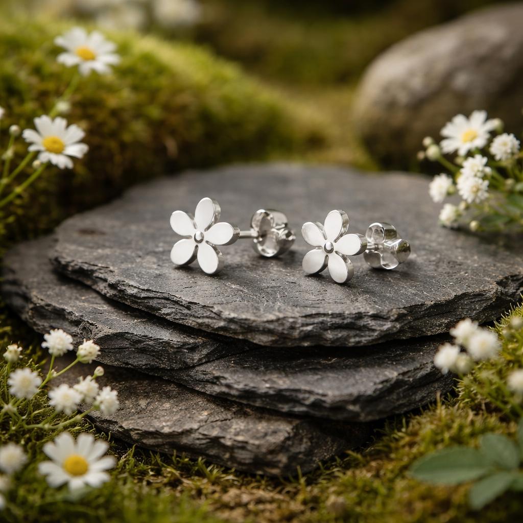 Stainless Steel Stud Earrings, Glossy Flower