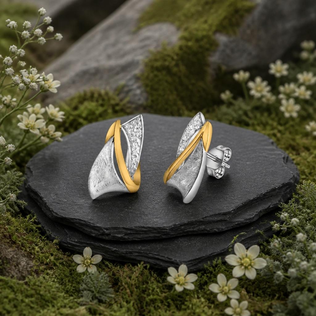 Ohrstecker aus rhodiniertem 925 Sterling Silber, teilweise vergoldet, mit Zirkonia und geschwungenem Bicolor-Design