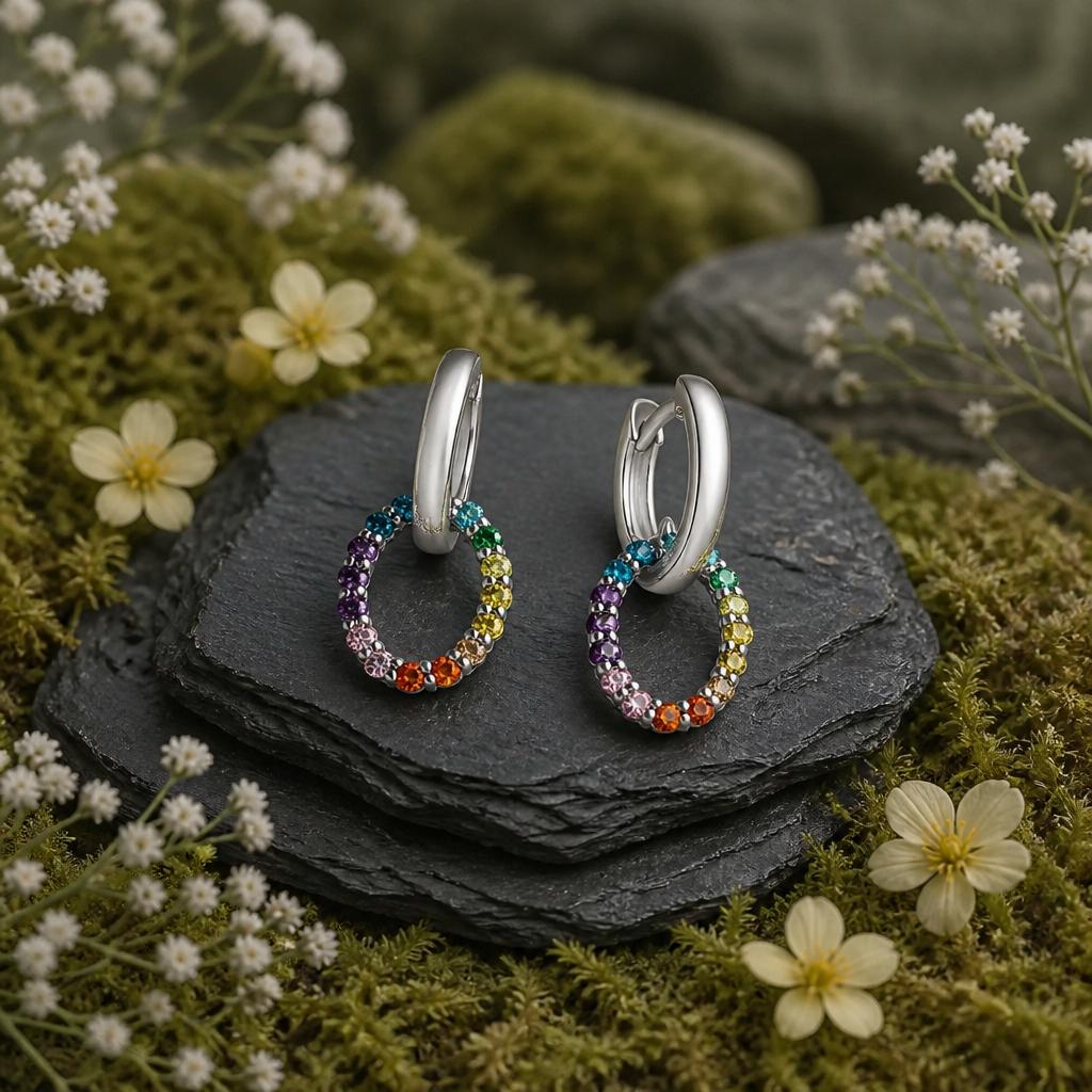 Rhodinierte Creolen aus 925 Sterling Silber mit ovalem Element aus mehrfarbigen Zirkonia in Regenbogenfarben