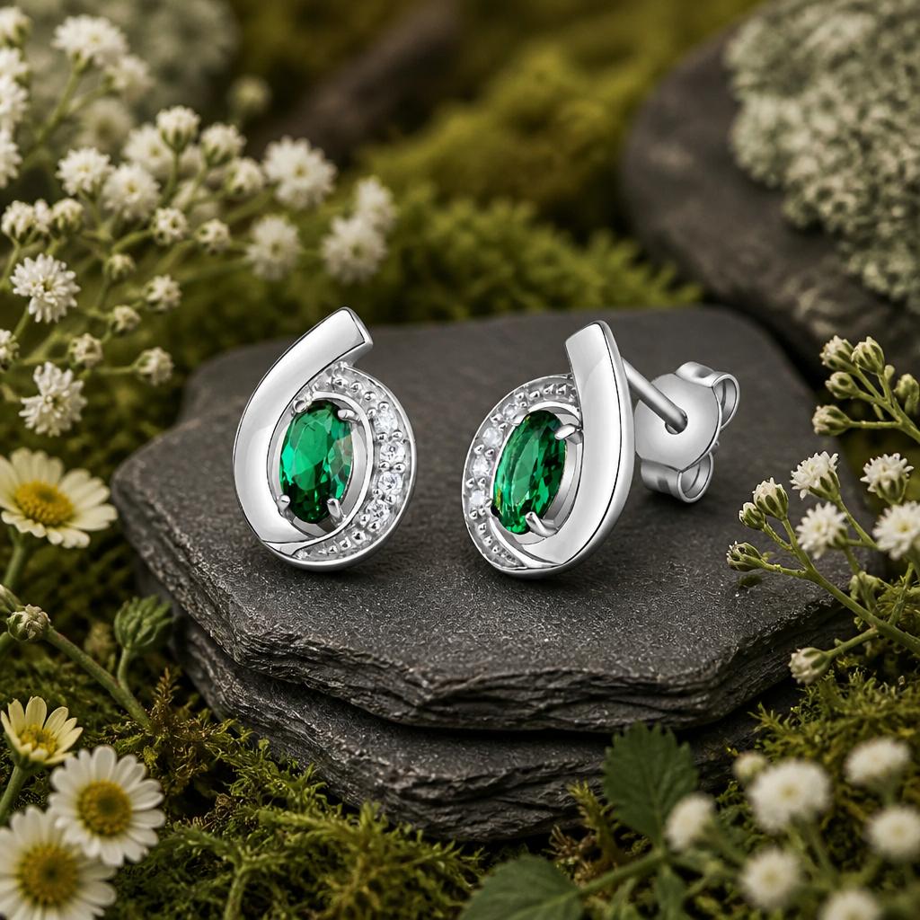 Stud Earrings 925 Sterling Silver Rhodium Plated with Synthetic Emerald and Zirconia