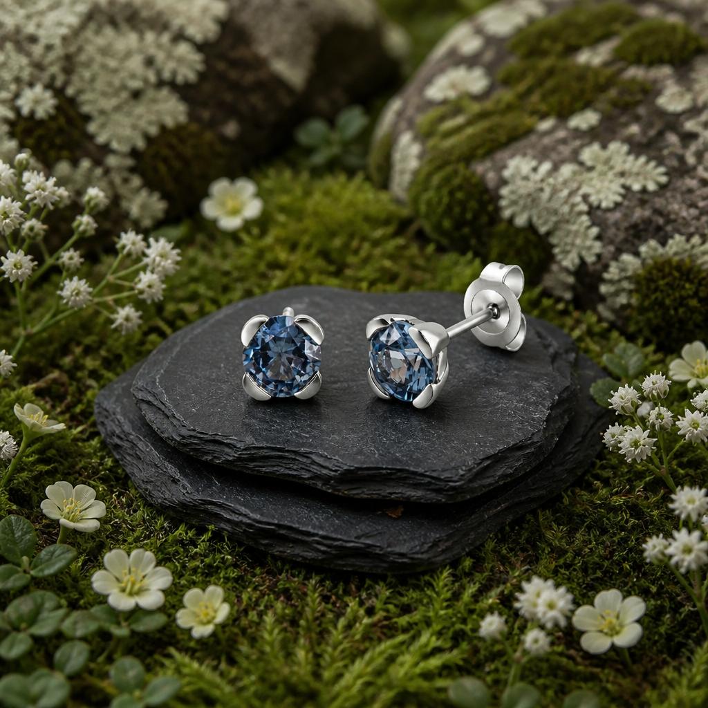 Rhodinierte Ohrstecker aus 925 Sterling Silber mit rundem blauem Zirkonia in Krappenfassung