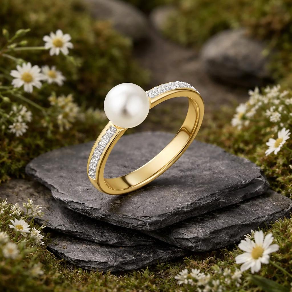 Ring 375/- Gelbgold bicolor Zirkonia und Perle