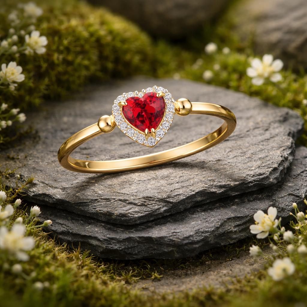 Ring 375/- yellow gold bicolor zirconia white and red