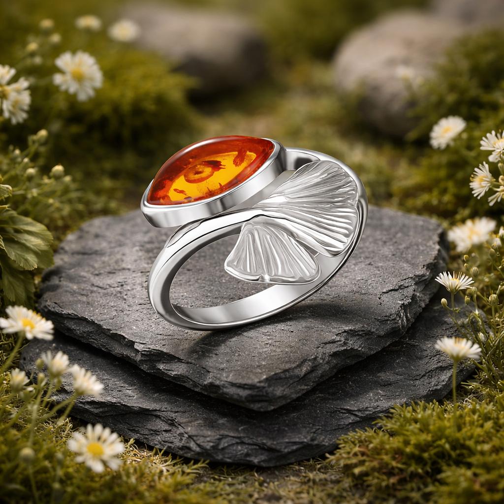 Ring 925/- Sterling Silber rhodiniert Bernstein